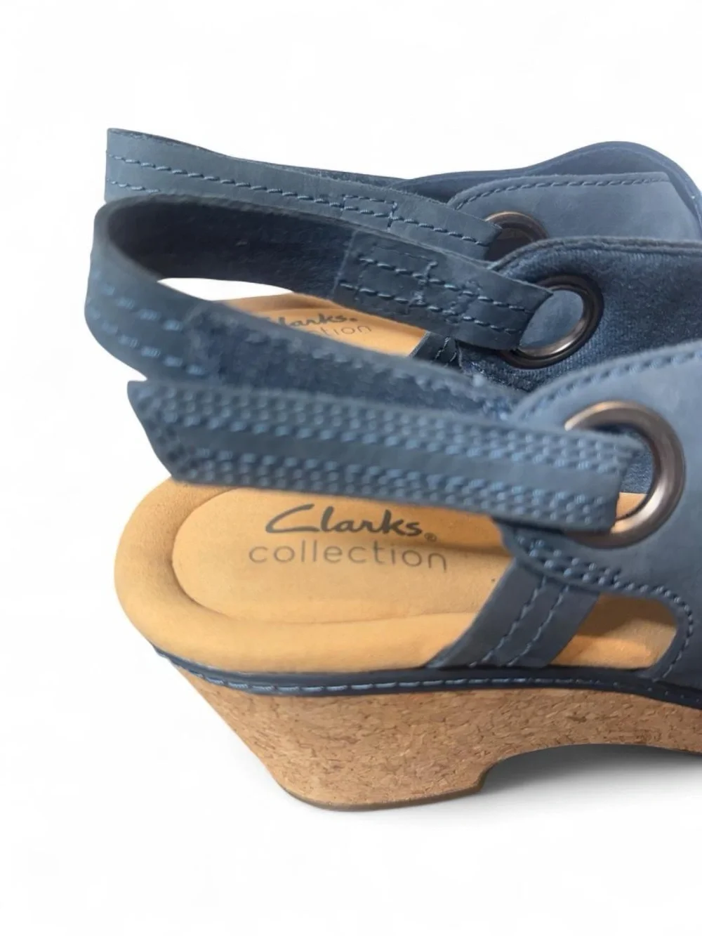 Clark’s Ultimate Comfort Giselle Dove Navy Nubuck Cork Wedge Sandals. NWOT!